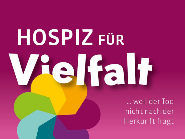 Grafik mit buntem Fächer auf einer lilafarbenen Fläche, Hospiz für Vielfalt - weil der Tod nicht nach der Herkunft fragt, Diversität, Welthospiztag, Deutscher Hospiz- und PalliativVerband e.V. Grafik mit buntem Fächer auf einer lilafarbenen Fläche steht für Initiative Hospiz für Vielfalt vom Deutschen Hospiz- und PalliativVerband e.V.